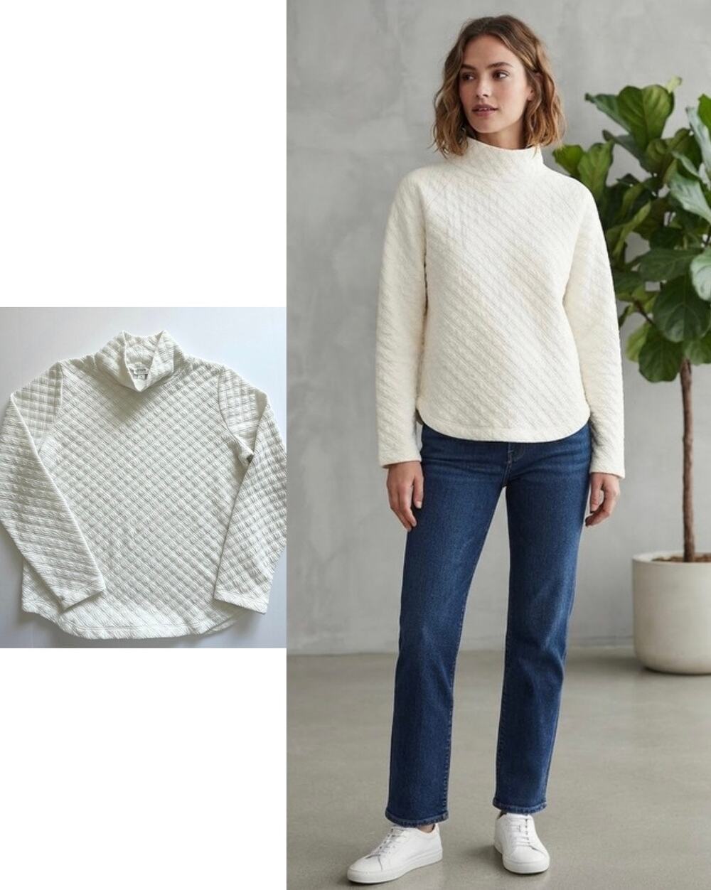 J.Crew Factory Quilted Mockneck Pullover Ivory S